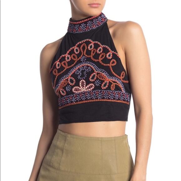 Free People Goa Black Embroidered High Neck Halter Crop Top Size Small NWT - Picture 1 of 3